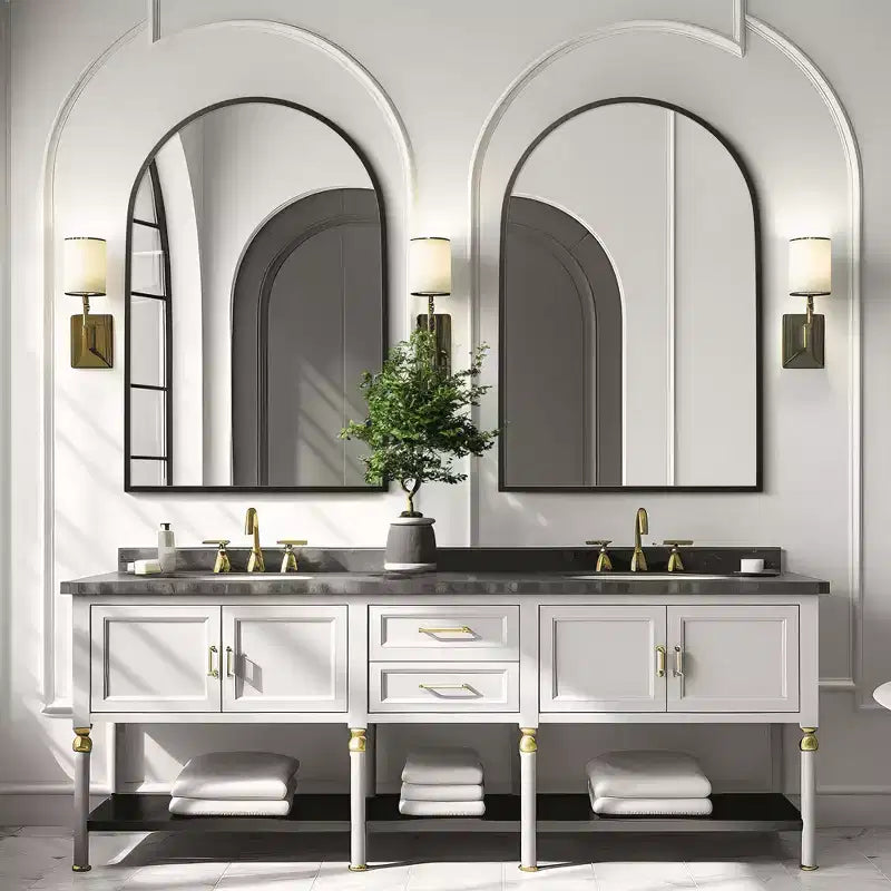 MAYEERTY 35.83x24.02x1.10in Aluminum Thin Edge Right Angle Arch Black Hanging Mirror Double Sided