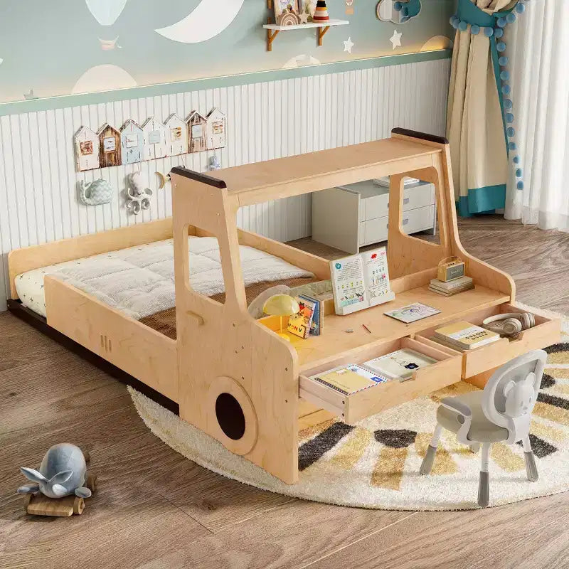 Lit de plancher moderne pour enfants avec tiroirs de rangement, fenêtre et bureau