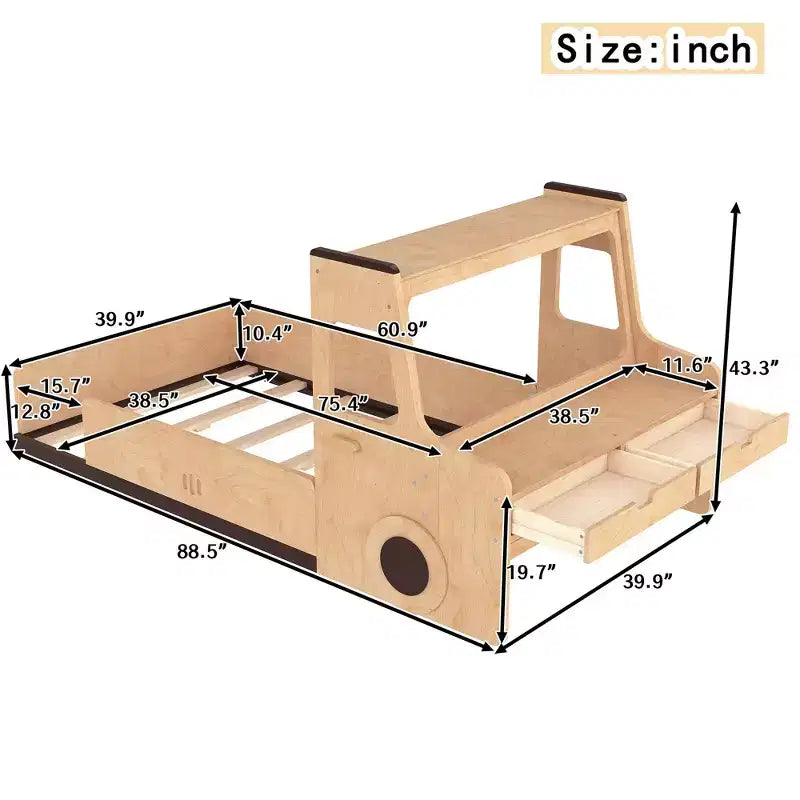 Lit de plancher moderne pour enfants avec tiroirs de rangement, fenêtre et bureau