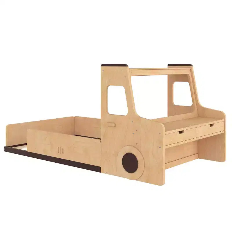 Lit de plancher moderne pour enfants avec tiroirs de rangement, fenêtre et bureau