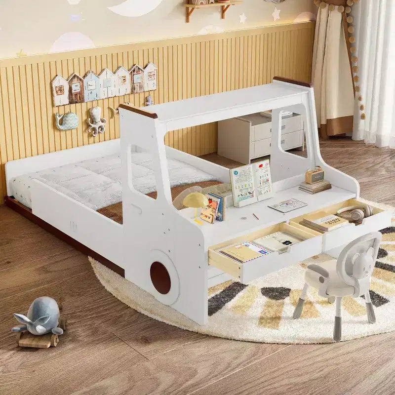 Lit de plancher moderne pour enfants avec tiroirs de rangement, fenêtre et bureau
