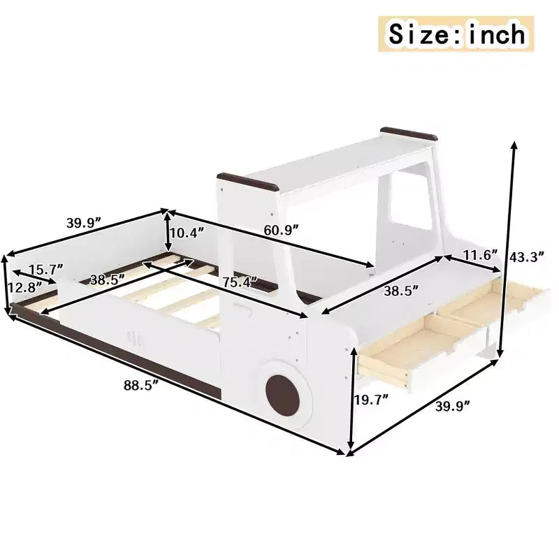 Lit de plancher moderne pour enfants avec tiroirs de rangement, fenêtre et bureau