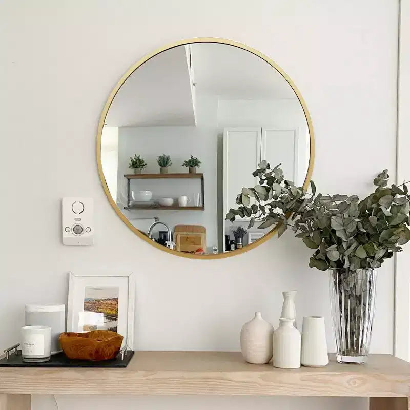 Modern Brushed Gold Round Wall Mirror, Metal Circle Decorative Accent Mirror for Living Room, Bathroom, Fireplace - Panipeachy