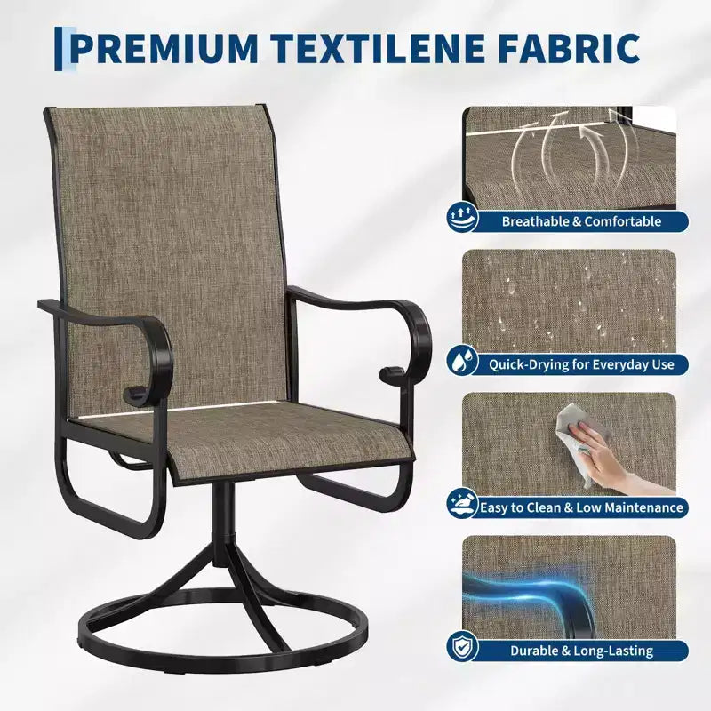 Fauteuil pivotant de terrasse extérieure, textilène respirant tout temps, cadre à bascule en métal