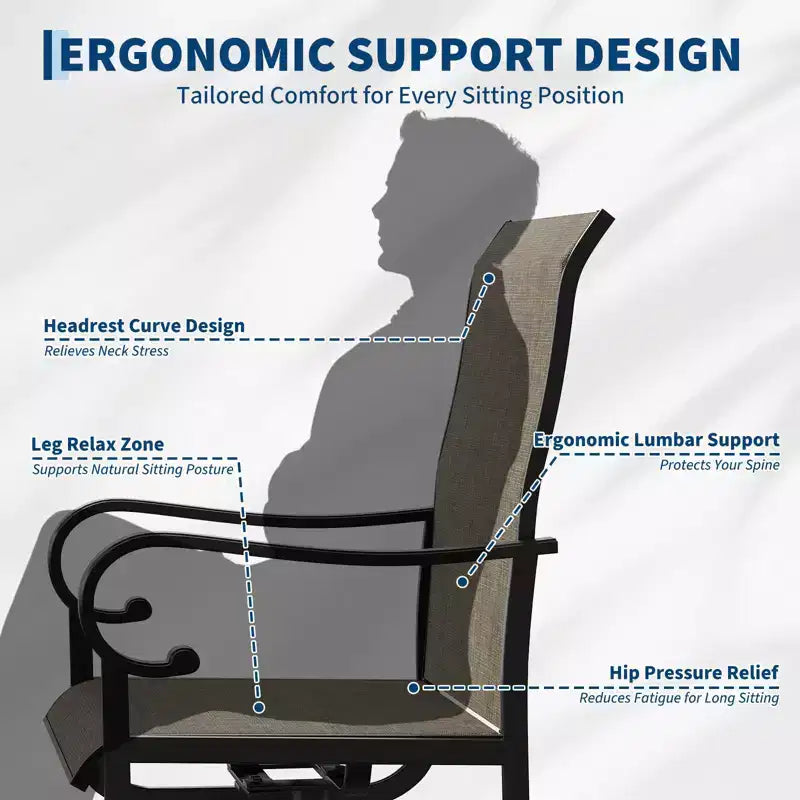 Fauteuil pivotant de terrasse extérieure, textilène respirant tout temps, cadre à bascule en métal