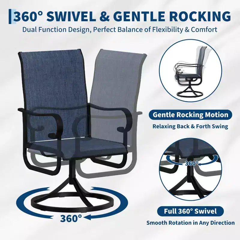 Fauteuil pivotant de terrasse extérieure, textilène respirant tout temps, cadre à bascule en métal