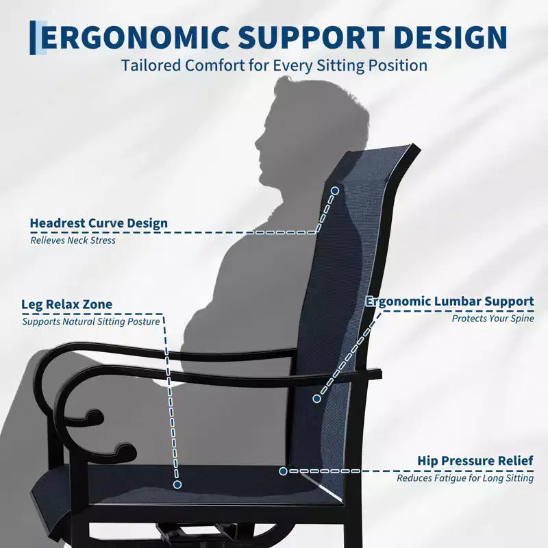 Fauteuil pivotant de terrasse extérieure, textilène respirant tout temps, cadre à bascule en métal