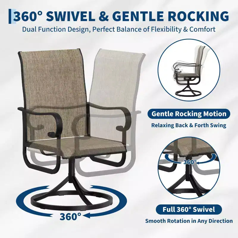 Fauteuil pivotant de terrasse extérieure, textilène respirant tout temps, cadre à bascule en métal