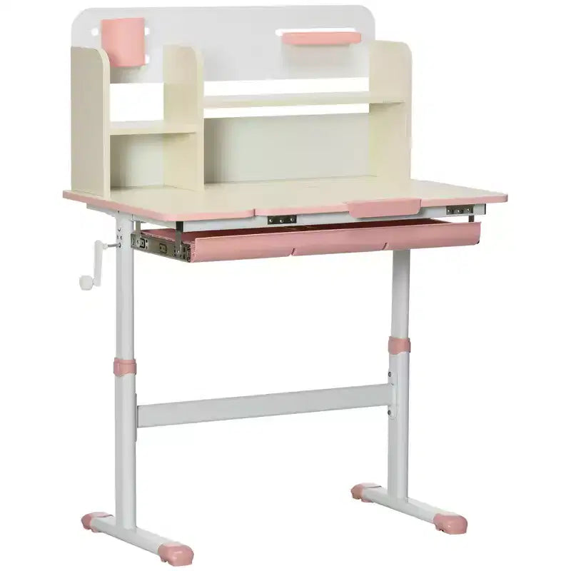 Wooden Kids Study Desk, Height Adjustable, with Tilt Desktop, Drawer, Storage Shelf, Pen Holder, Pink