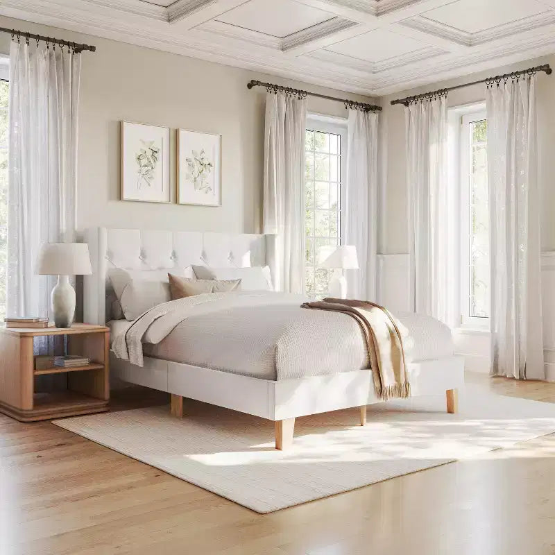 Martha Stewart Carmy Upholstered Platform Bed with Tufted Wingback Headboard and Cushioned Siderails, Wood Slat Foundation, No Box Spring Needed