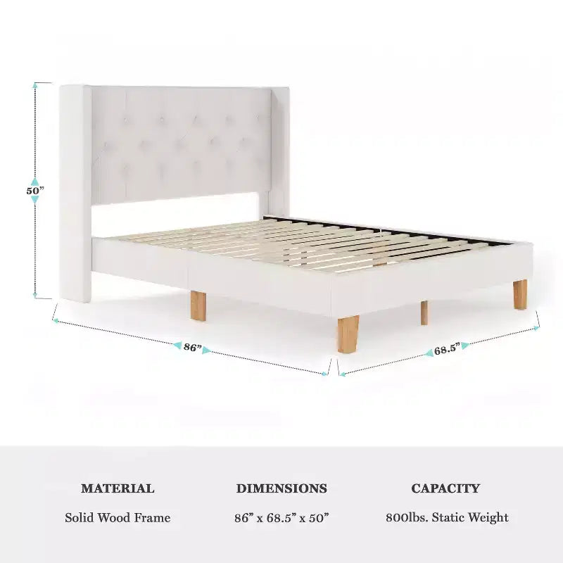 Lit plateforme rembourré avec tête de lit capitonnée à oreilles et longerons latéraux matelassés