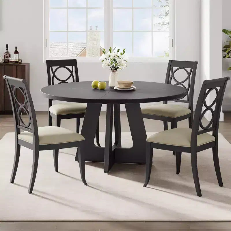 47 Inch Round Dining Table for 4-6 People, Farmhouse Circle Kitchen Dinner Table with Wooden Cross Pedestal Base for Dining Room (Table Only)