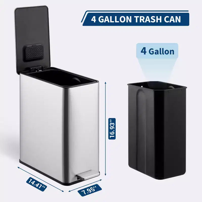 Poubelle à pédale fine à fermeture douce 15 litres (4 gallons) en acier inoxydable pour l'intérieur