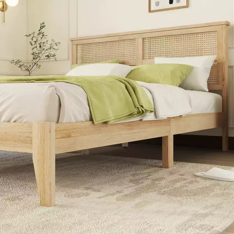 Cadre de lit plateforme en bois d'hévéa avec tête de lit en rotin vintage et pieds de support