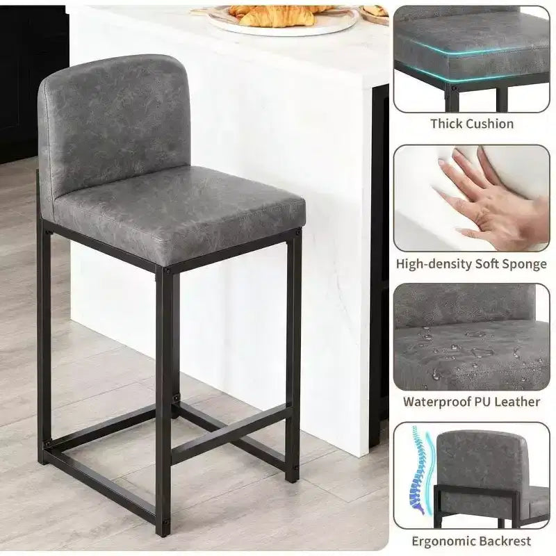 Tabourets de bar modernes en similicuir, hauteur comptoir avec dossier ergonomique et repose-pieds stable