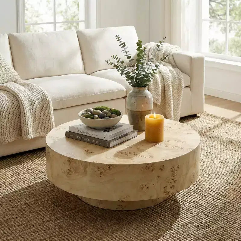 JVNOXK 31.49''Mid Century Modern Round Wood Coffee Table with Burl Wood Veneer and Sturdy Pedestal for Living Room Office Apartment