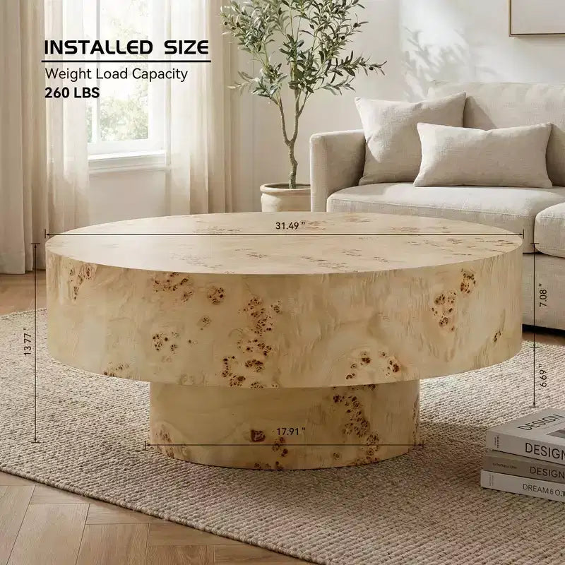 Table basse ronde en bois de style Mid-century avec placage en loupe de bois