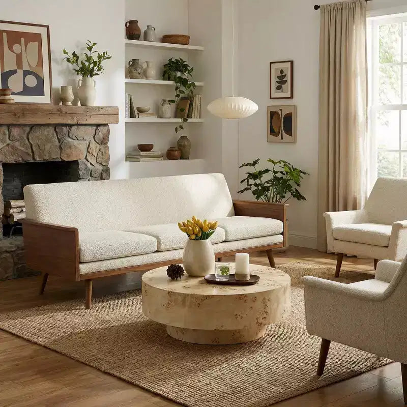 Table basse ronde en bois de style Mid-century avec placage en loupe de bois