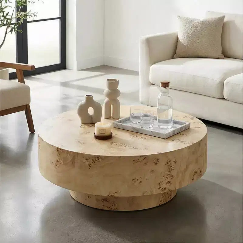 Table basse ronde en bois de style Mid-century avec placage en loupe de bois