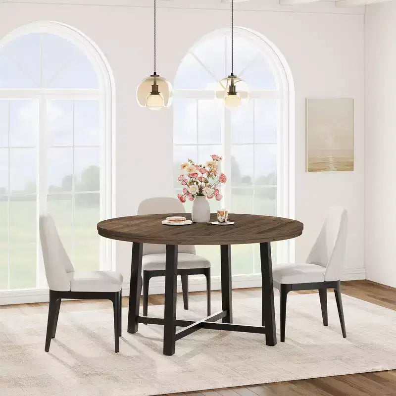 Table à manger ronde industrielle peu encombrante en bois marron rustique et cadre en métal