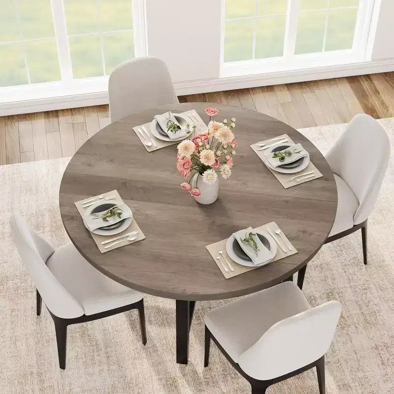 Table à manger ronde industrielle peu encombrante en bois marron rustique et cadre en métal