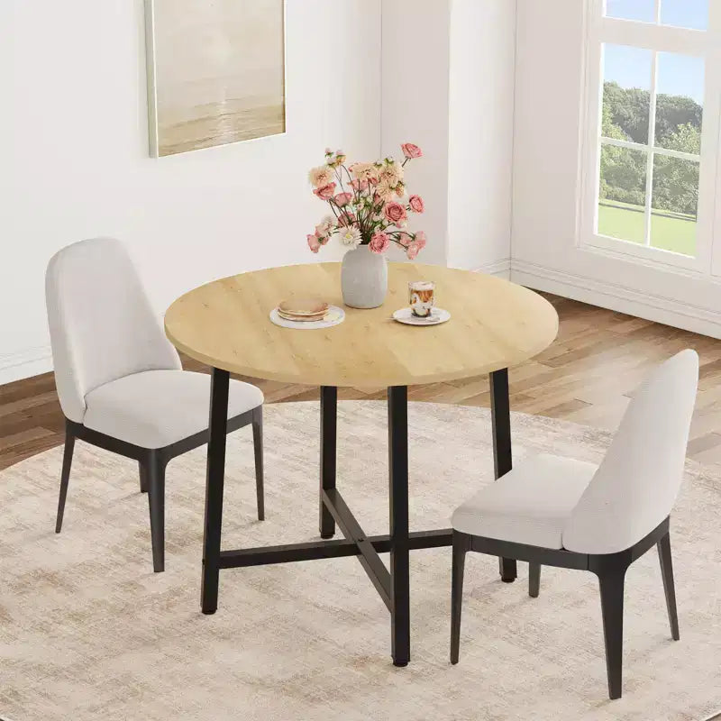 Table à manger ronde industrielle peu encombrante en bois marron rustique et cadre en métal