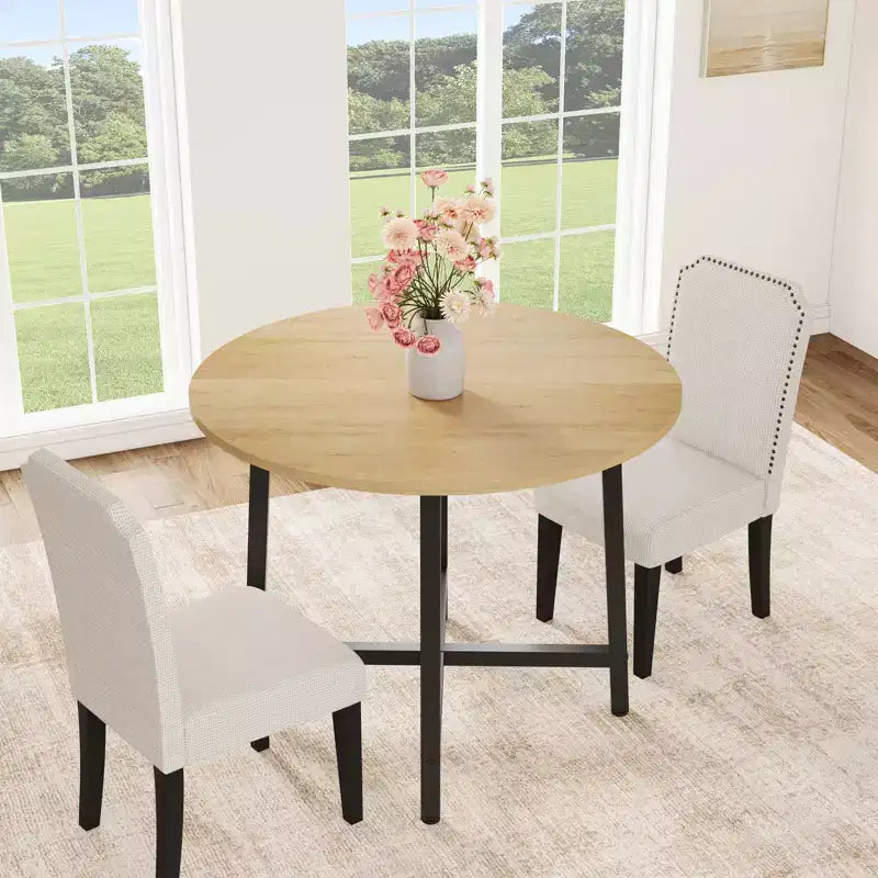 Table à manger ronde industrielle peu encombrante en bois marron rustique et cadre en métal