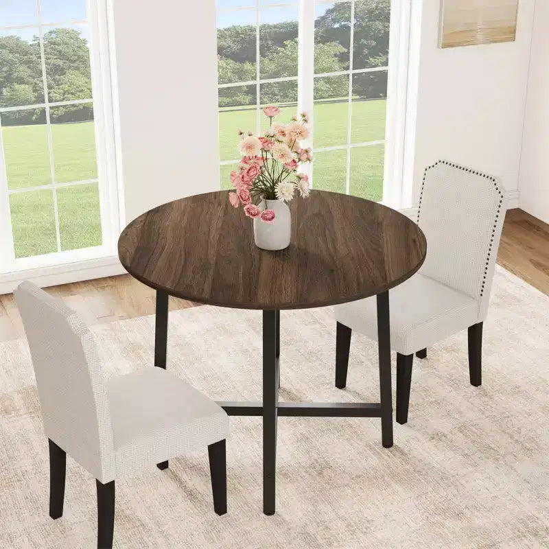 Table à manger ronde industrielle peu encombrante en bois marron rustique et cadre en métal