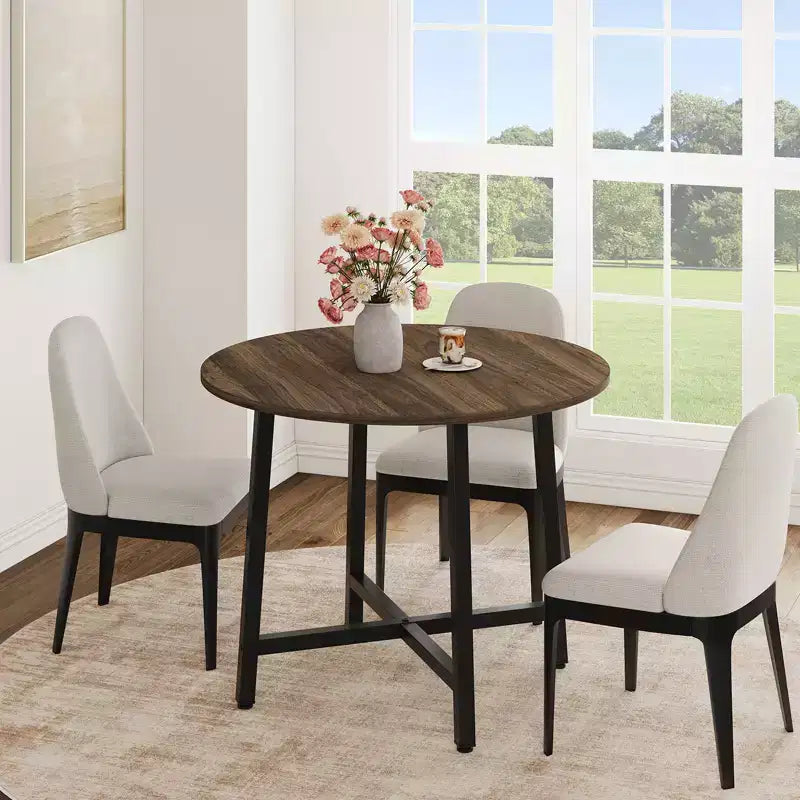 Table à manger ronde industrielle peu encombrante en bois marron rustique et cadre en métal