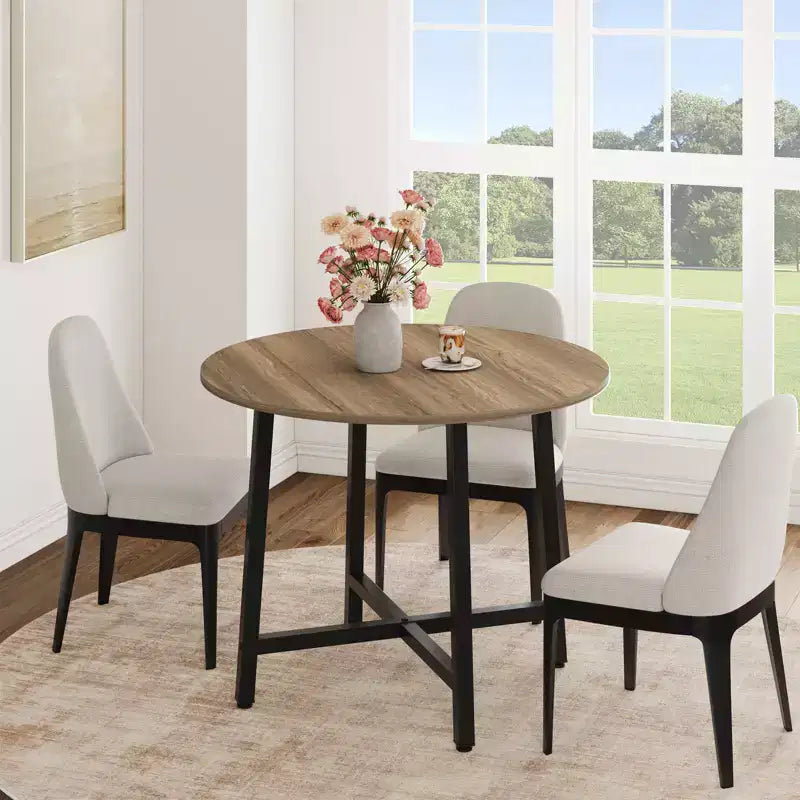 Table à manger ronde industrielle peu encombrante en bois marron rustique et cadre en métal