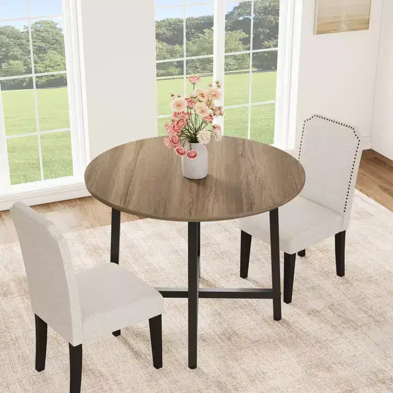 Table à manger ronde industrielle peu encombrante en bois marron rustique et cadre en métal