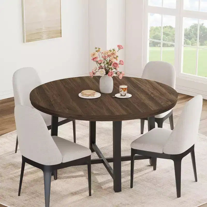 Table à manger ronde industrielle peu encombrante en bois marron rustique et cadre en métal