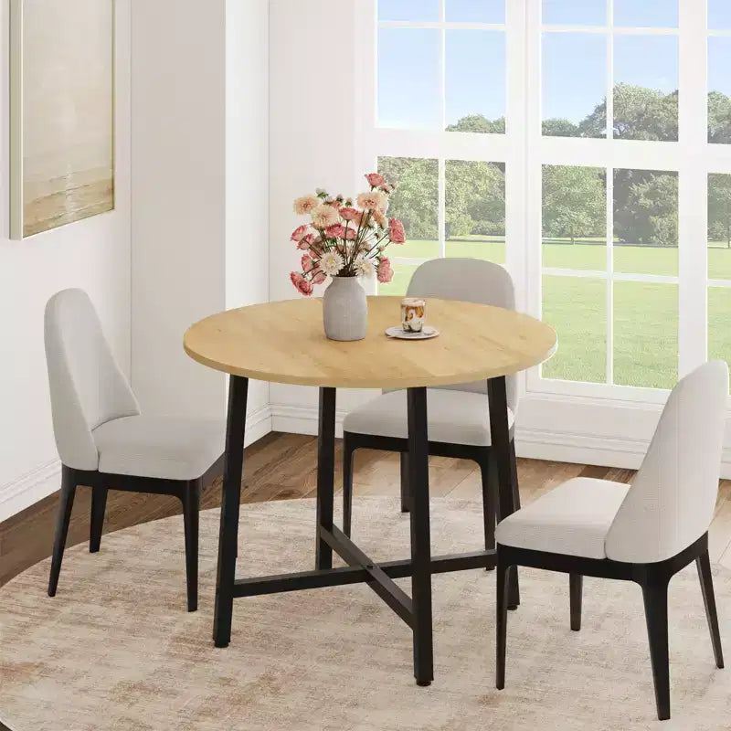 Table à manger ronde industrielle peu encombrante en bois marron rustique et cadre en métal