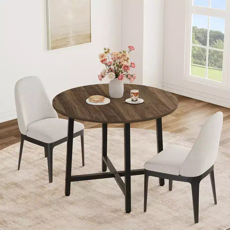Table à manger ronde industrielle peu encombrante en bois marron rustique et cadre en métal