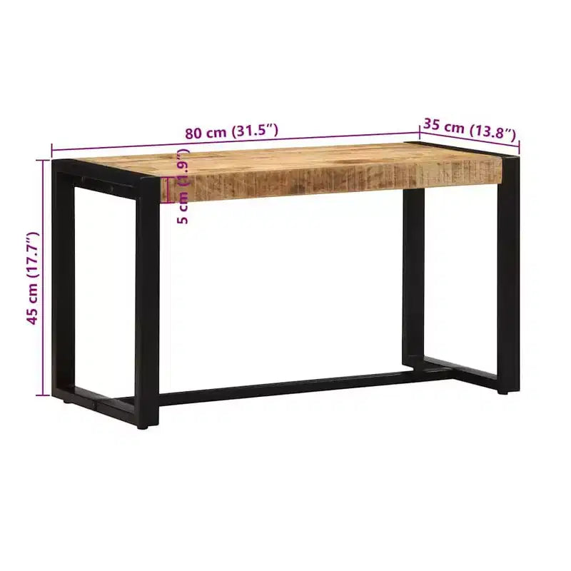 Banc en bois naturel massif brut de manguier, fer