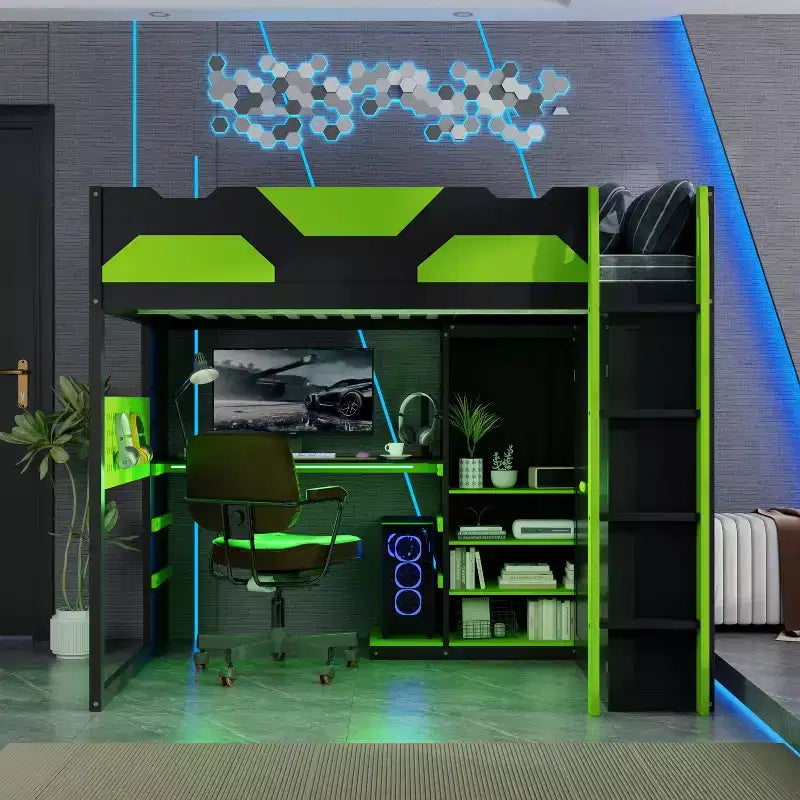 Lit mezzanine de jeu en bois pleine grandeur avec bureau, lit mezzanine pleine grandeur avec étagères de rangement multiples