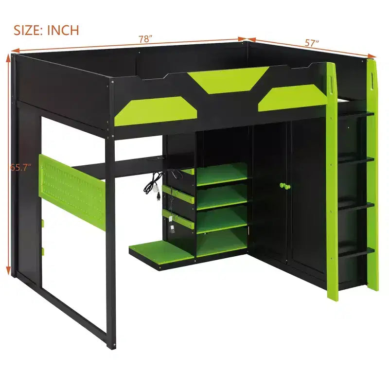 Lit mezzanine de jeu en bois pleine grandeur avec bureau, lit mezzanine pleine grandeur avec étagères de rangement multiples