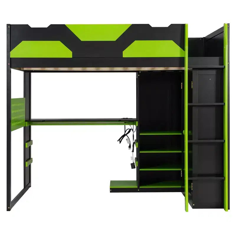 Lit mezzanine de jeu en bois pleine grandeur avec bureau, lit mezzanine pleine grandeur avec étagères de rangement multiples