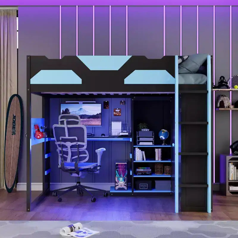 Lit mezzanine de jeu en bois pleine grandeur avec bureau, lit mezzanine pleine grandeur avec étagères de rangement multiples