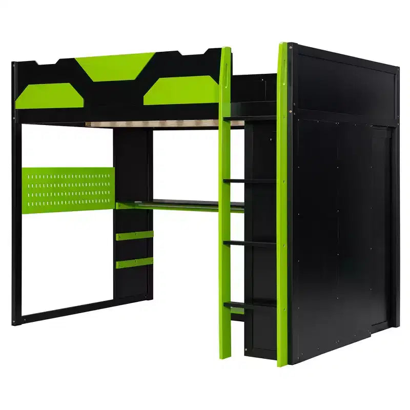 Lit mezzanine de jeu en bois pleine grandeur avec bureau, lit mezzanine pleine grandeur avec étagères de rangement multiples