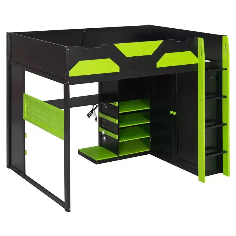 Lit mezzanine de jeu en bois pleine grandeur avec bureau, lit mezzanine pleine grandeur avec étagères de rangement multiples