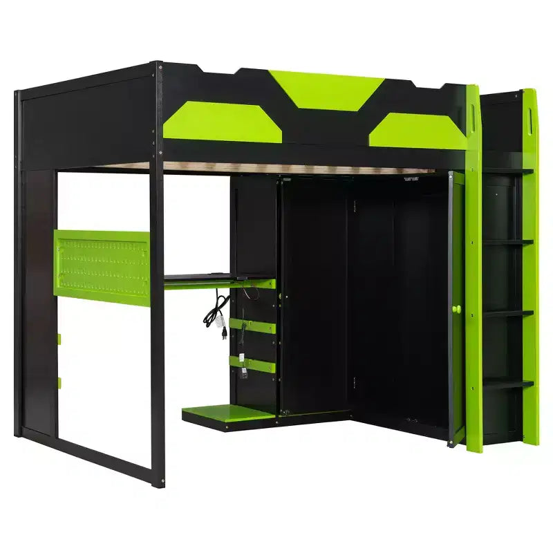 Lit mezzanine de jeu en bois pleine grandeur avec bureau, lit mezzanine pleine grandeur avec étagères de rangement multiples