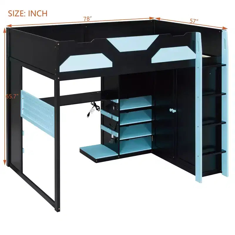 Lit mezzanine de jeu en bois pleine grandeur avec bureau, lit mezzanine pleine grandeur avec étagères de rangement multiples