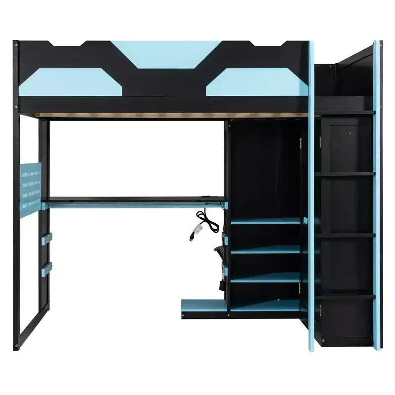 Lit mezzanine de jeu en bois pleine grandeur avec bureau, lit mezzanine pleine grandeur avec étagères de rangement multiples