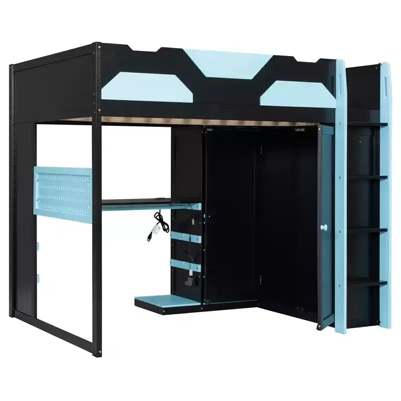 Lit mezzanine de jeu en bois pleine grandeur avec bureau, lit mezzanine pleine grandeur avec étagères de rangement multiples