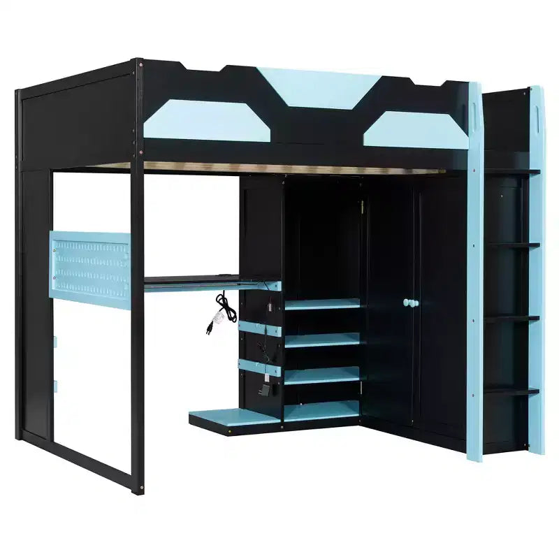 Lit mezzanine de jeu en bois pleine grandeur avec bureau, lit mezzanine pleine grandeur avec étagères de rangement multiples