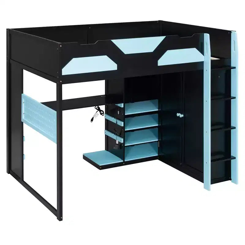 Lit mezzanine de jeu en bois pleine grandeur avec bureau, lit mezzanine pleine grandeur avec étagères de rangement multiples