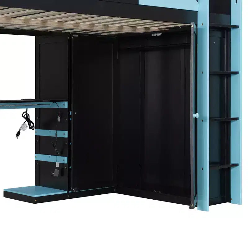 Lit mezzanine de jeu en bois pleine grandeur avec bureau, lit mezzanine pleine grandeur avec étagères de rangement multiples