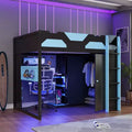 Full Size Wood Gaming Loft Bed with Desk, Full Loft Bed with Multi-Storage Shelves and RGB Light