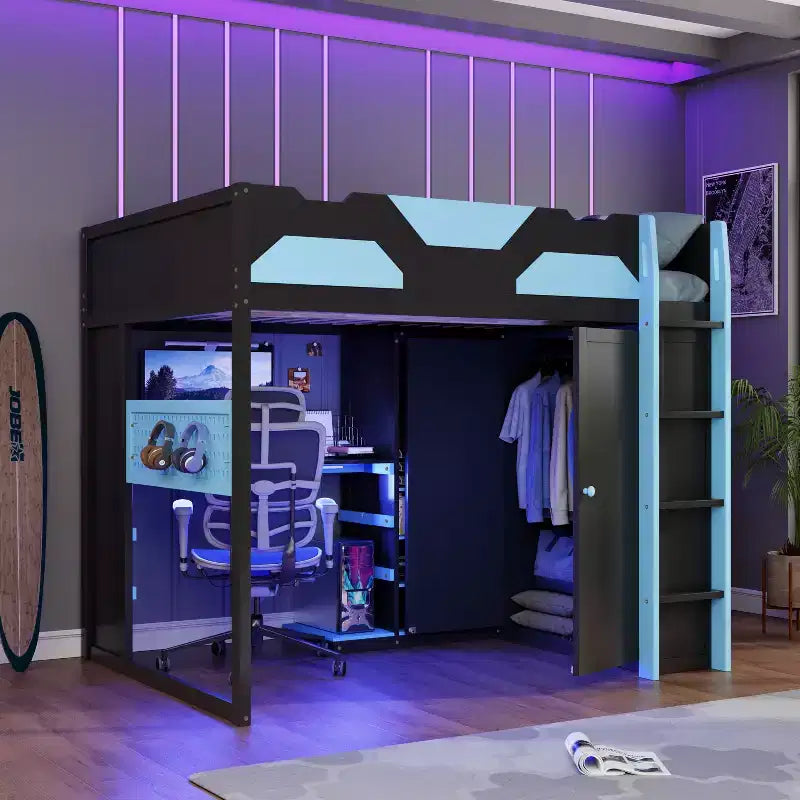 Full Size Wood Gaming Loft Bed with Desk, Full Loft Bed with Multi-Storage Shelves and RGB Light